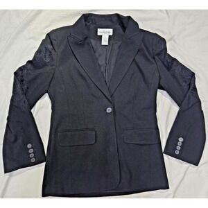 Bloomingdales Womens Blazer Coat W/ Floral Flower Embroidered Sleeves Black Sz 8